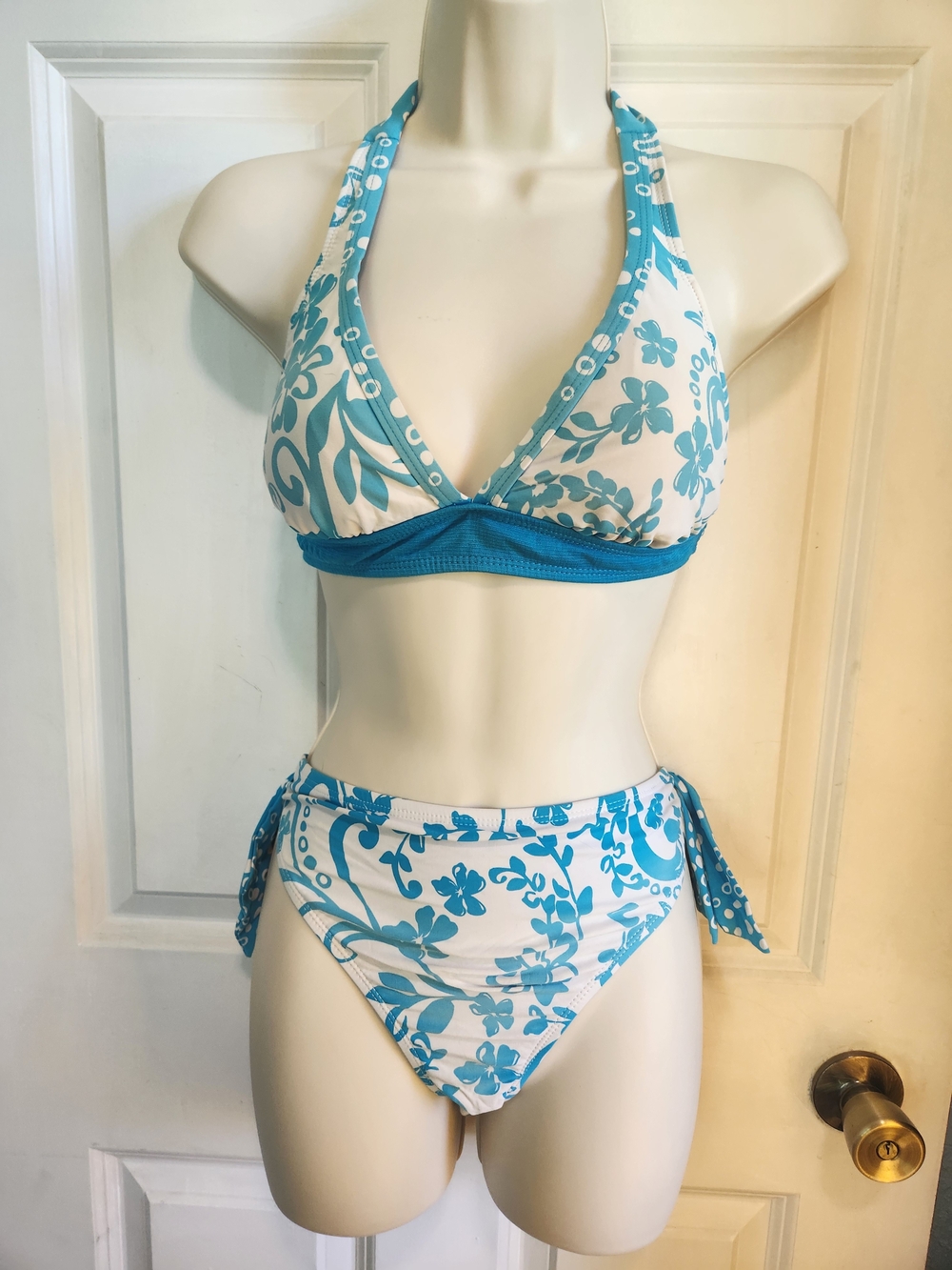 Athena White and Blue Floral Halter Bikini Set